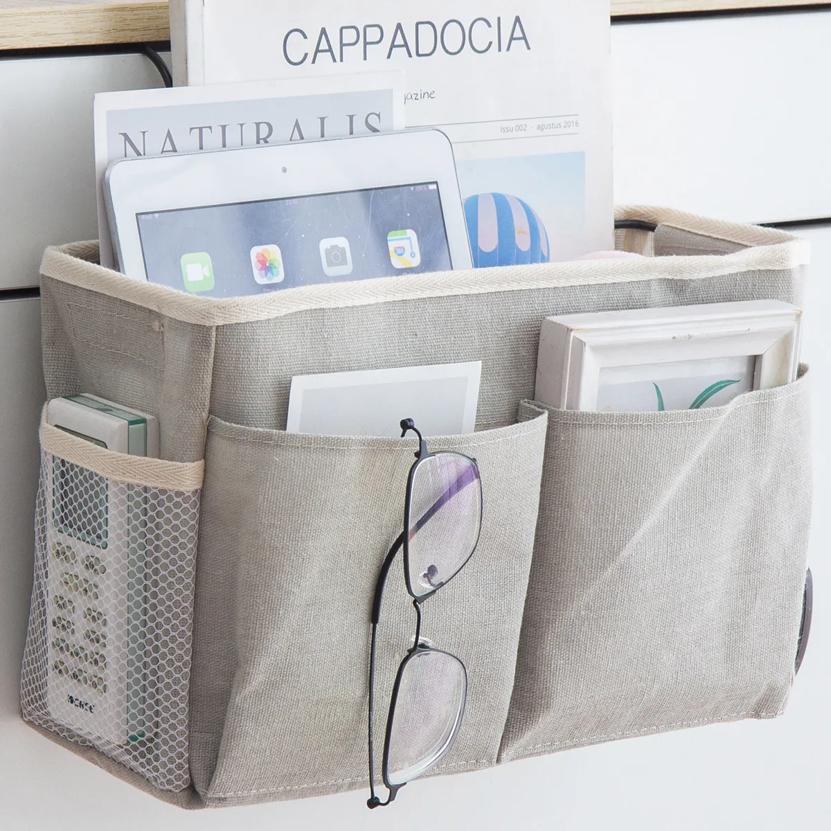 

ORZ Bedside Storage Pocket Canvas Hanging Caddy For Books Glass Phone Pouch Diaper Home Dorm Room Bedside Storage Basket