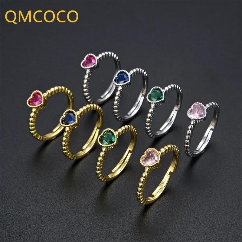 

QMCOCO серебряные Простые в форме сердца многоцветные циркониевые кольца для женщин и девушек винтажные элегантные кольца Изящные ювелирные ...