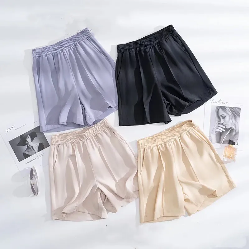 

Summer Women Black Suit Shorts Elastic High Waist Thin Loose Casual A-line Straight Wide Leg Shorts Comfortable Homewear