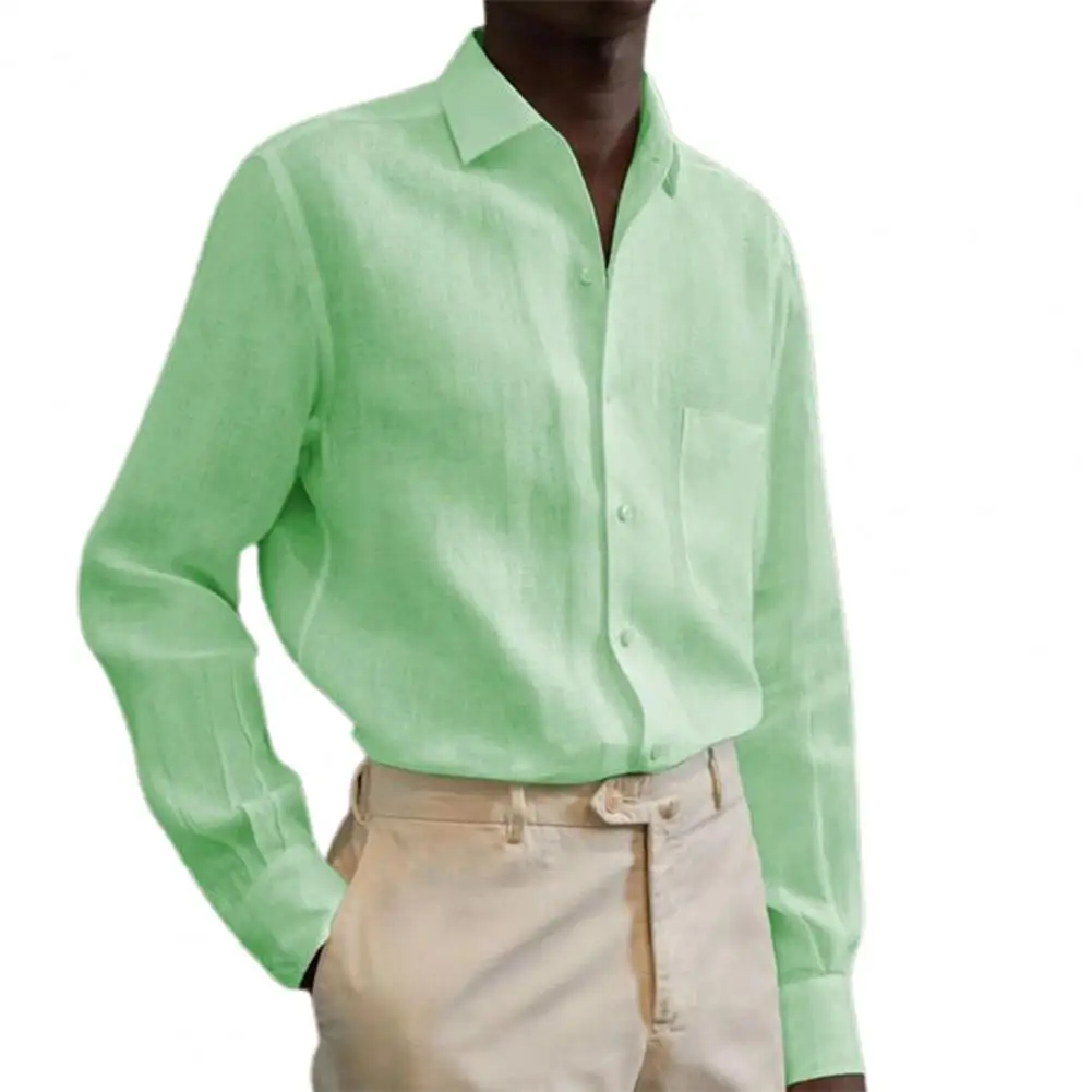 

Autumn Men's Shirts Loose Cotton Linen Solid Long Sleeve Lapel Collar Loose Buttons Closure Breast Pocket Work Business Wear