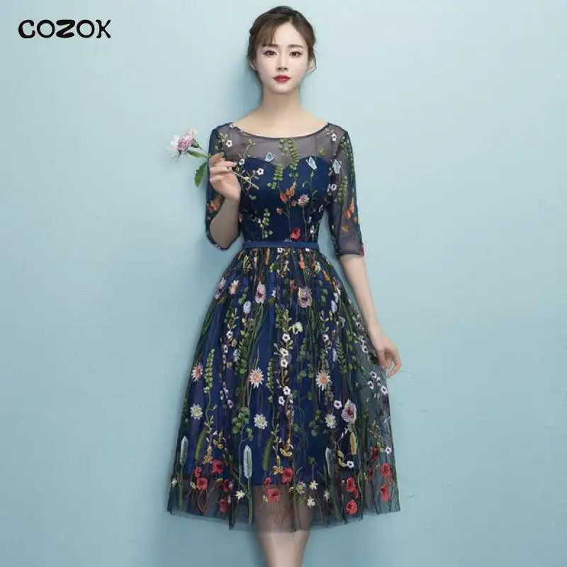 COZOK Print Flower Charming Cheongsam Mesh Pleated Formal Party Dress Gown Lady Navy Blue Summer New Qipao Zipper Robe De Soiree