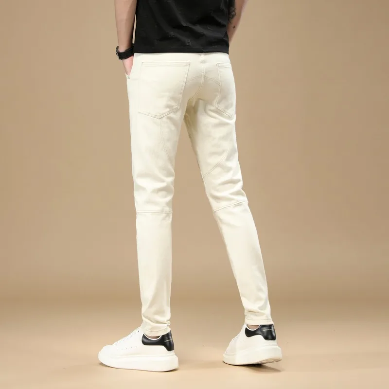 Summer Jeans Men Lightweight Beige Slim Fit Pencil Pants Fashion Korean Style Casual Denim Trousers