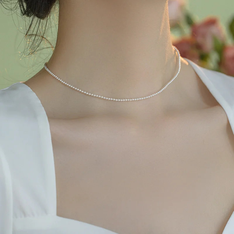 3mm thick and thin high set round pearl necklace for women with 14k gold wrap and versatile basic fine collarbone chain