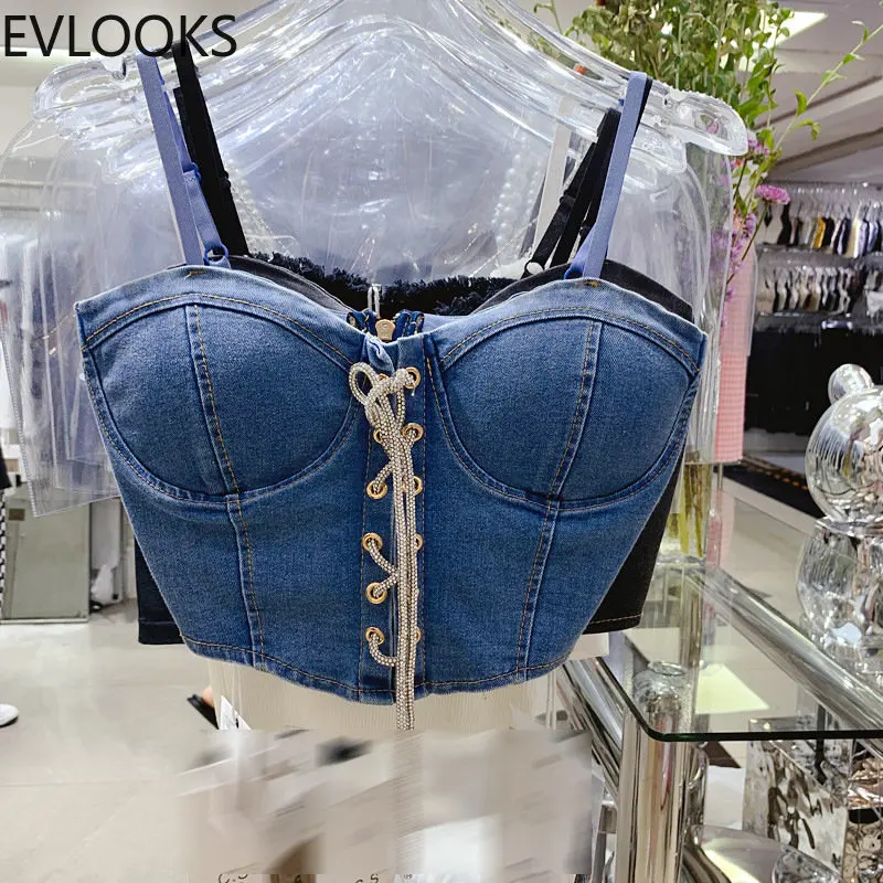 

Женская джинсовая кофта evlook в европейском и американском стиле, милый приталенный джинсовый топ на шнуровке с цепочками, лето 2022