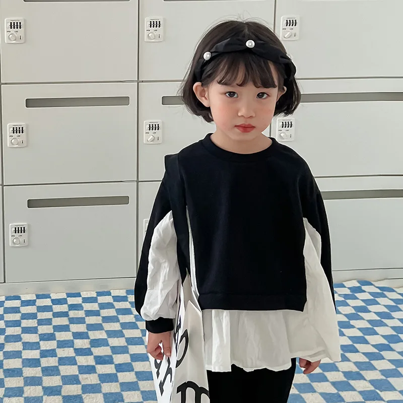 

Пуловер для девочек, повседневный топ с прострочкой контрастных цветов, весна 2022, детский свободный свитер из двух частей