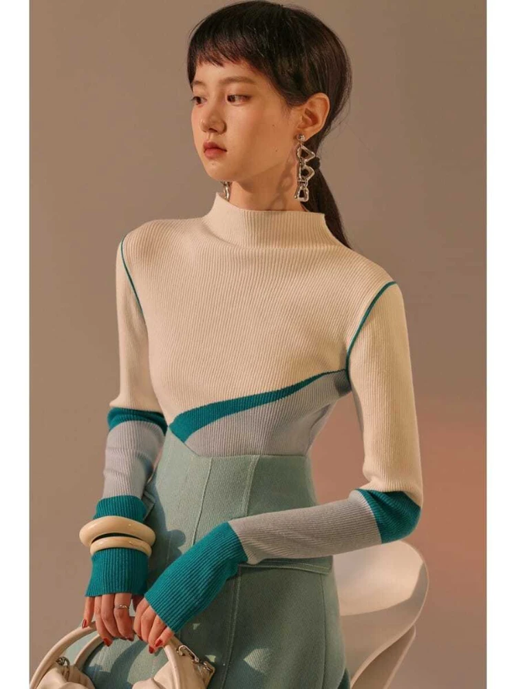 

Топ Korobov контрастных цветов с высоким воротником, тонкий пуловер, футболки, футболки с длинным рукавом, женская трикотажная одежда, модные футболки