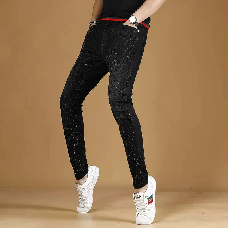 Autumn New Men Black Jeans Fashion Rhinestone Slim Fit Straight Pants Streetwear Casual Cotton Stretch Denim Trousers