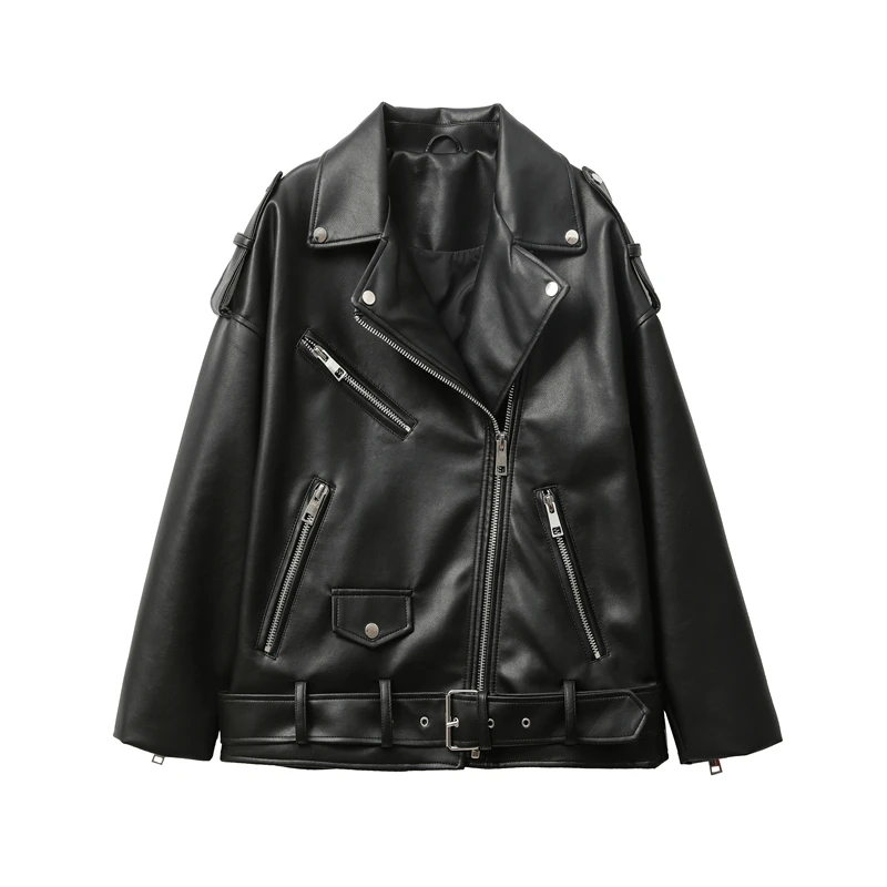 

2023 New Women's motorcycle leather PU imitation leather loose jacket black jacket