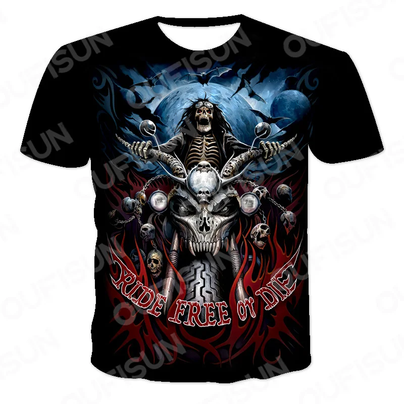 

Summer Skeleton Motorcycle Men 3D T-shirts O-Neck Vintage Clothes Streetwear Loose Short Sleeve Tees Tops Punk Skulls T-shirts