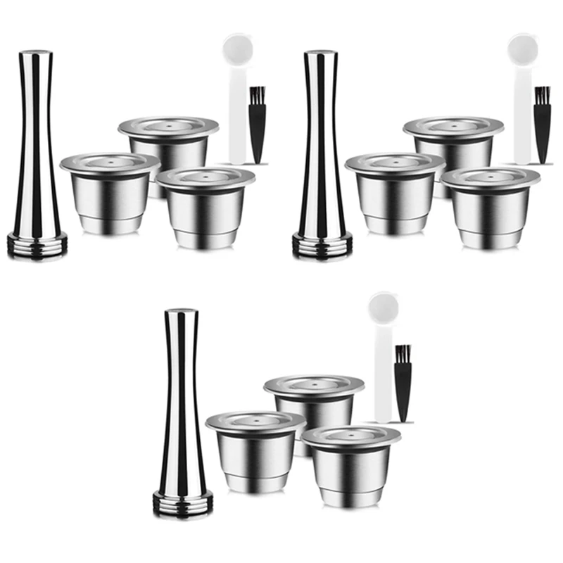 

HOT SALE Capsules Reusable, Stainless Steel, 9 Pieces Refillable Pads For Nespresso + 3 Tamper + 3 Spoon + 3 Brush