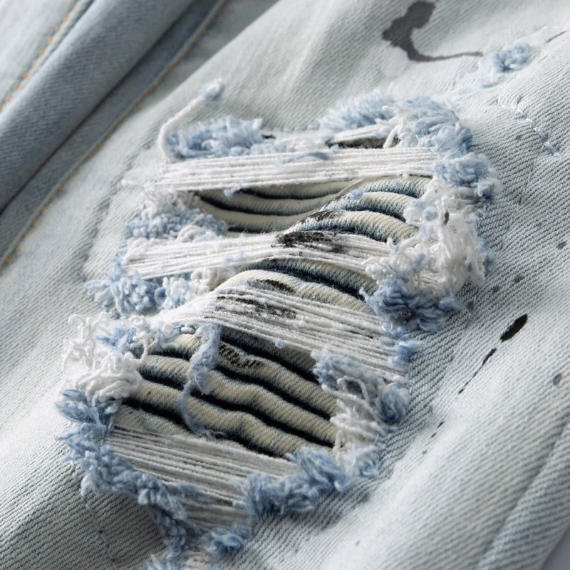 Street Fashion Men Jeans Retro Light Blue Elastic Stretch Skinny Ripped Jeans Men Patched Painted Designer Hip Hop Brand Pants