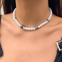lacteo trendy irregular imitation pearls chain choker necklaces for women men silver color butterfly decor necklace jewelry gift