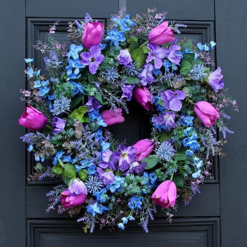 

Spring Wreath Handmade Welcome Wreath Tulip Purple Lavender Wreaths For Front Door Wreath Spring Farmhouse Home Decoration