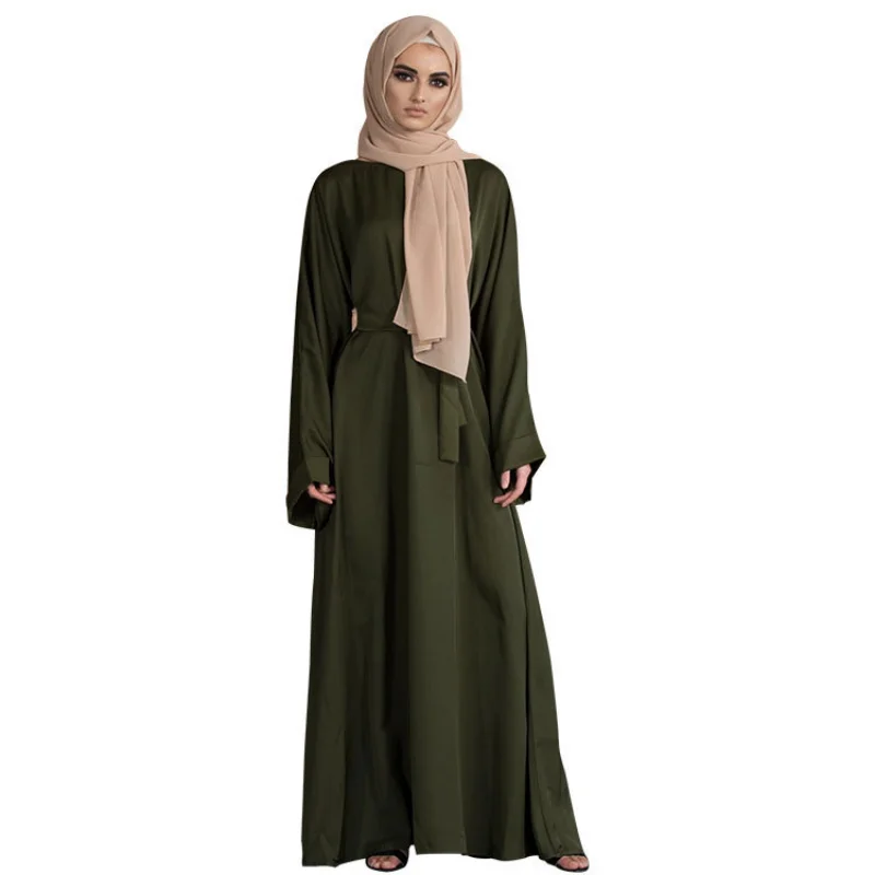 2023 New Arrival Spring Summer Muslim Women Long Sleeve O-neck Polyester Solid Color Long Abaya Muslim Fashion Dress No Headtie