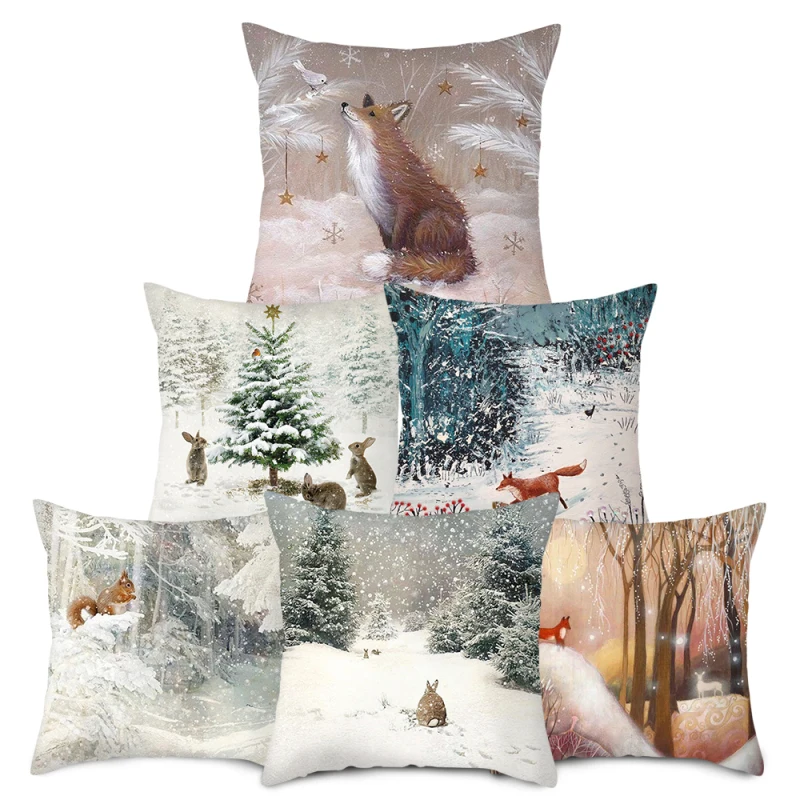 

45x45cm Christmas Xmas Deer In Snow Forest Print Pillowcase Polyester Sofa Car Bed Seat/Back Cushion Cover Single-sided Prints