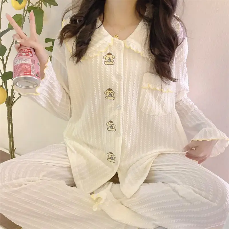 

Sanrioed Pompom Purins Cartoon Spring and Autumn Pure Cotton Pajamas Set Super Cute High Face Value Cardigan Home Wear