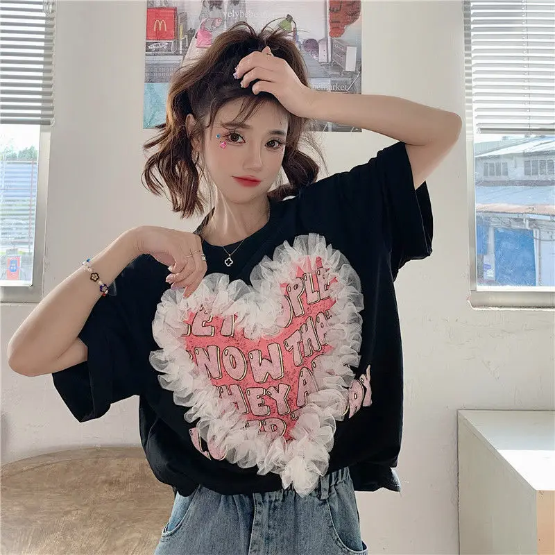 

Футболка женская с кружевным принтом, Повседневная Свободная брендовая рубашка с коротким рукавом, с вышивкой, в стиле Ins, на лето