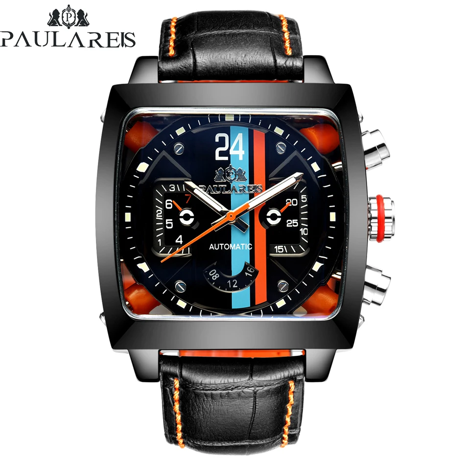 

Automatic Self Wind Mechanical Genuine Leather Stainless Steel Black Orange Blue Casual Perspective See Through Men Watch
