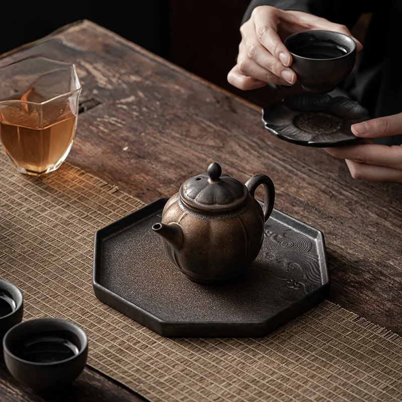 

Поднос для кофейника из позолоченной глины, поднос для сухого чая в японском ретро стиле, аксессуары из дзен-керамики, поднос под старину, подставка для кофейника, коврик