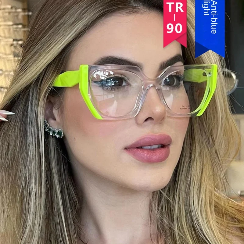 

New Fashion Fluorescent Green Cat Eye Women Glasses Color Contrast Frame Retro Blue Light Blocking Eyewear Decoration Wholesale