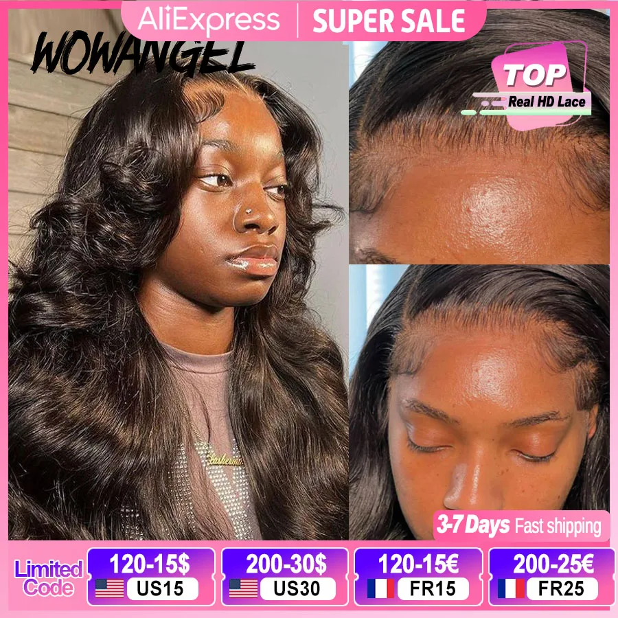 Wow Angel 250% 13x6 HD Lace Front Wig Swiss Lace Melt Skin Pre Plucked Natural Scalp Body Wave Human Hair Wig For Woman Glueless