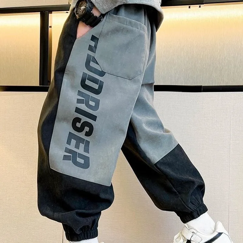 

2023 Spring Kids Patchwork Pants Cotton Sport Pants Casual Hip Hop Hit Pocket Teenage Boys Cargo Pants Children Trousers Clothes