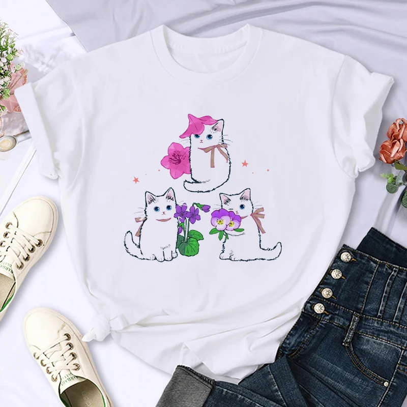 

2023 New Summer Ladies Cute Round-Necked Kitten Pattern Printed Fashion Women&039;s Short-Sleeved T-Shirt Y2K Breathable T-Shirt
