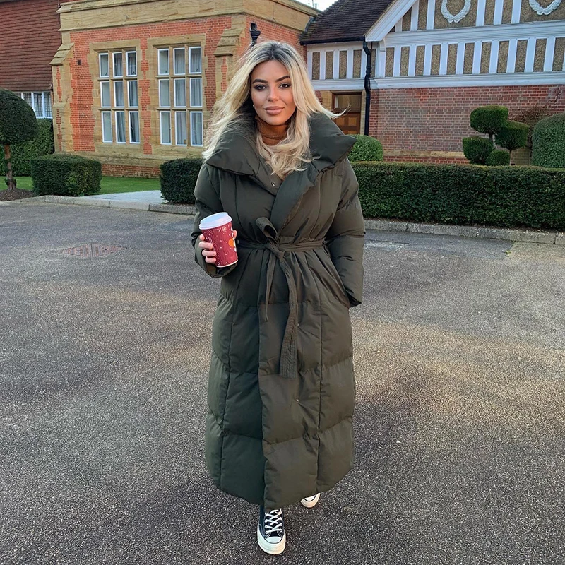 Malina Thick Loose Parkas Women Fashion Solid Covered Button Coats Women Elegant Tie Belt Long Cotton Jackets Female Ladies