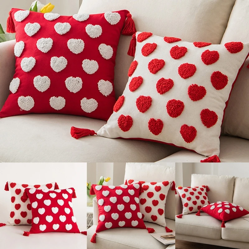 

Heart Tufted Tassel Pillowcase Cotton Embroidery Pillow Cushion Cover