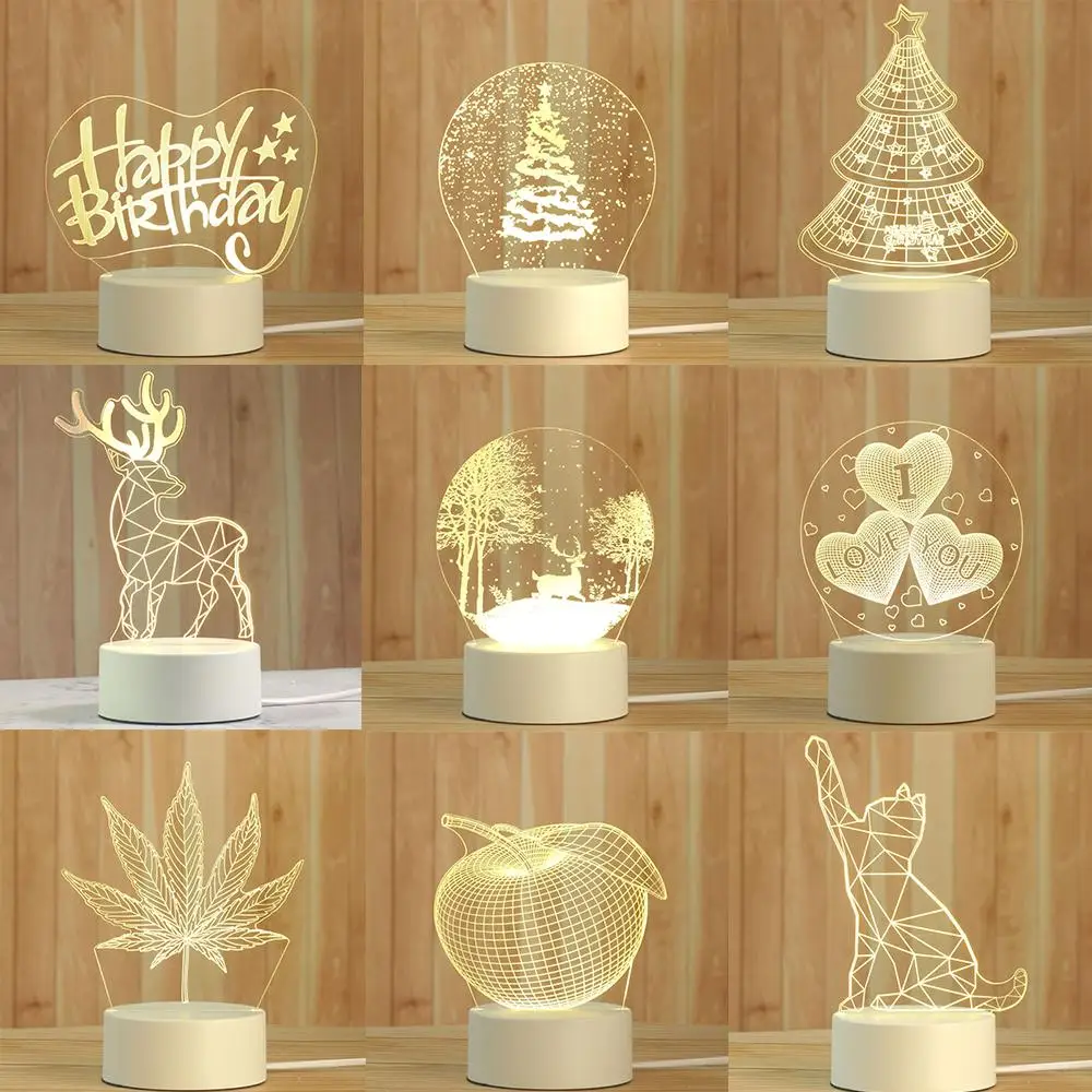 Christmas 3D LED Night Light Tree Elk Love Creative Pattern Toys Table Lamp Home Decoration Birthday Gifts Indoor Lighting