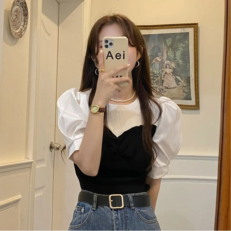 

Summer 2023 new design thin bubble short sleeve retro ice silk knitted T-shirt women