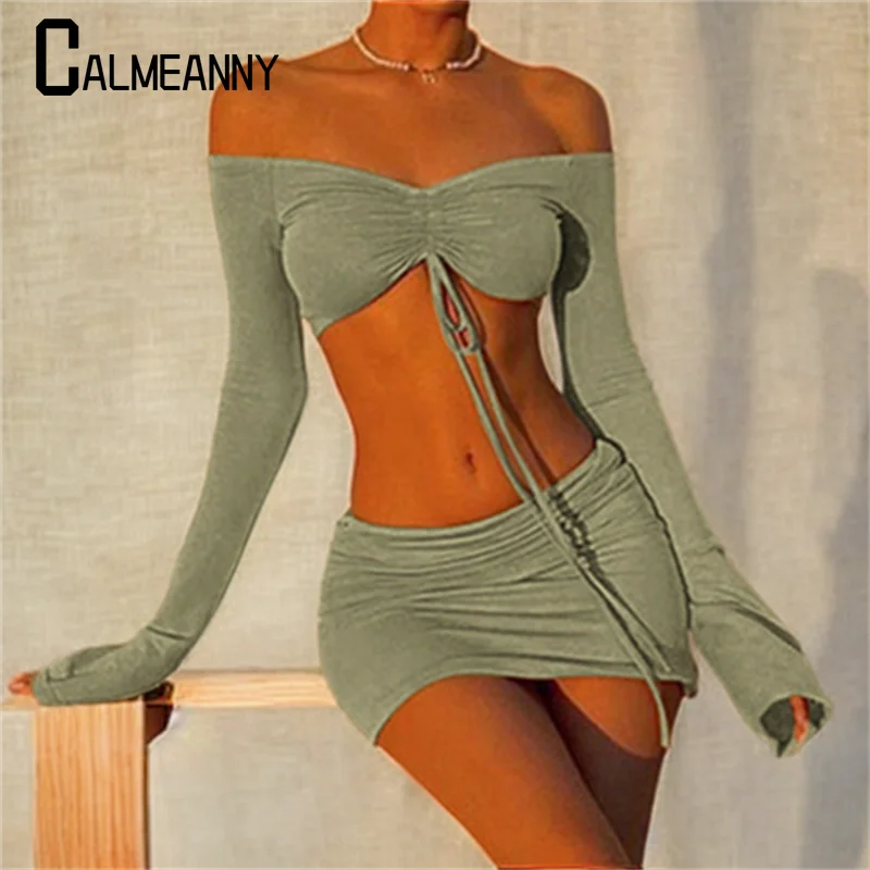 

Женская одежда 2023, летний сексуальный топ с завязками спереди и юбка до локтя, модный наряд, подходящие комплекты из двух предметов