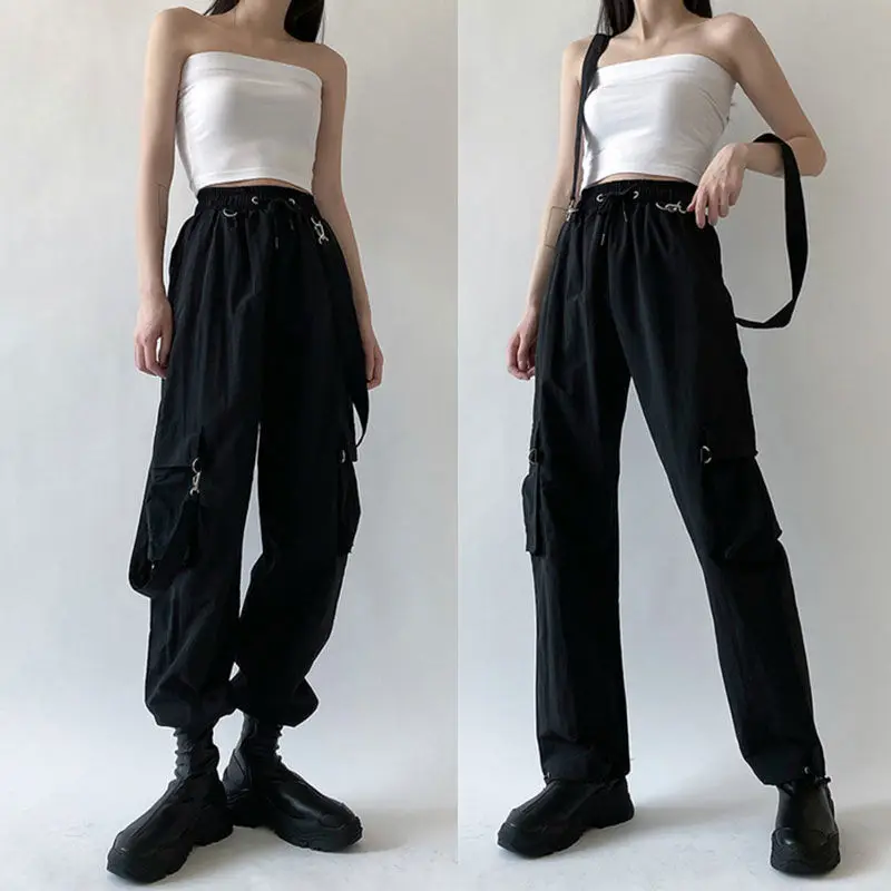 Monos Y2k para mujer, pantalones informales negros, ropa Hippie de moda coreana con bolsillos, pantalones holgados de pierna ancha para mujer 2022