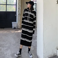 autumn winter black and white striped long sweater dress preppy style loose casual hooded sweatshirt knitted pullovers warm coat