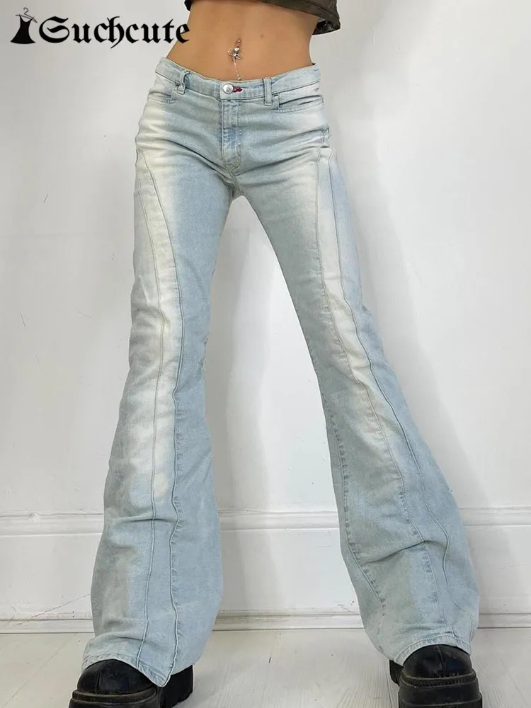 

SUCHCUTE Aesthetic Fade Blue Denim Pants Women Y2K Kpop Fashion Low Waist Straight Jeans Vintage Street Fashion Baggy Pants 90S