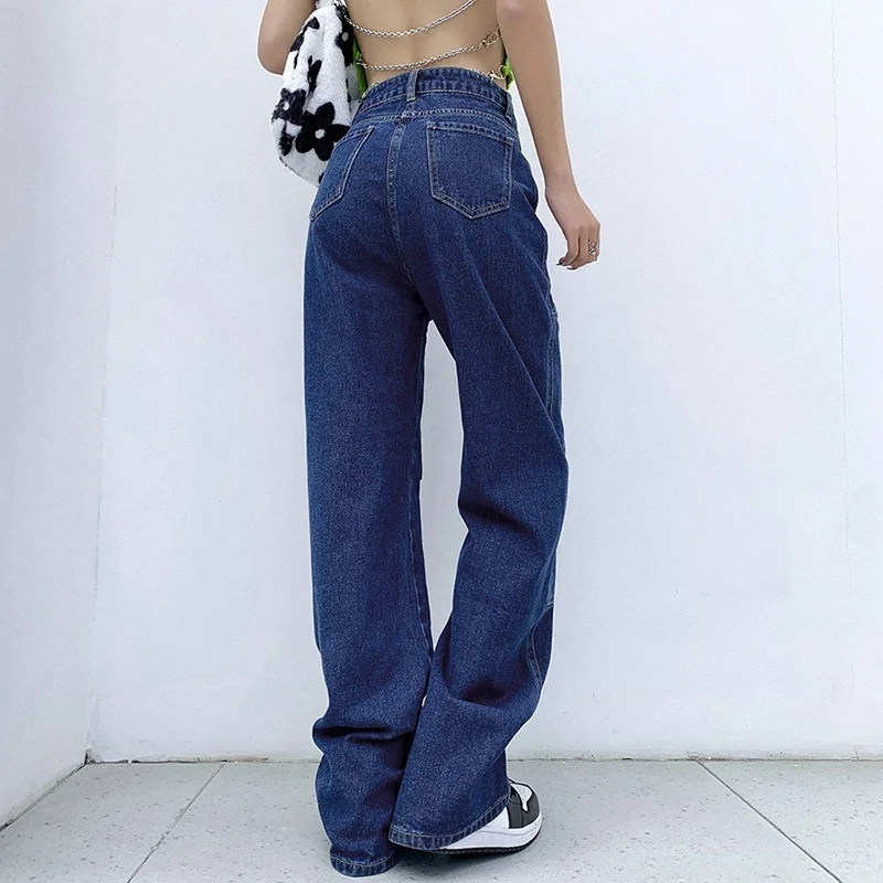 Women Fashion High Waist Harajuku Patchwork Stitched 90s Aesthetic Loose Jeans Y2k Blue Straight Vintage Cargo Denim Pants Pop