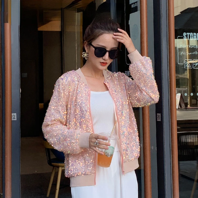 

Sequined Jacket Female Spring And Autumn Patchwork Round Neck Loose Solid Color Night Club Outerwear Long Sleeved Hip Hop Coats