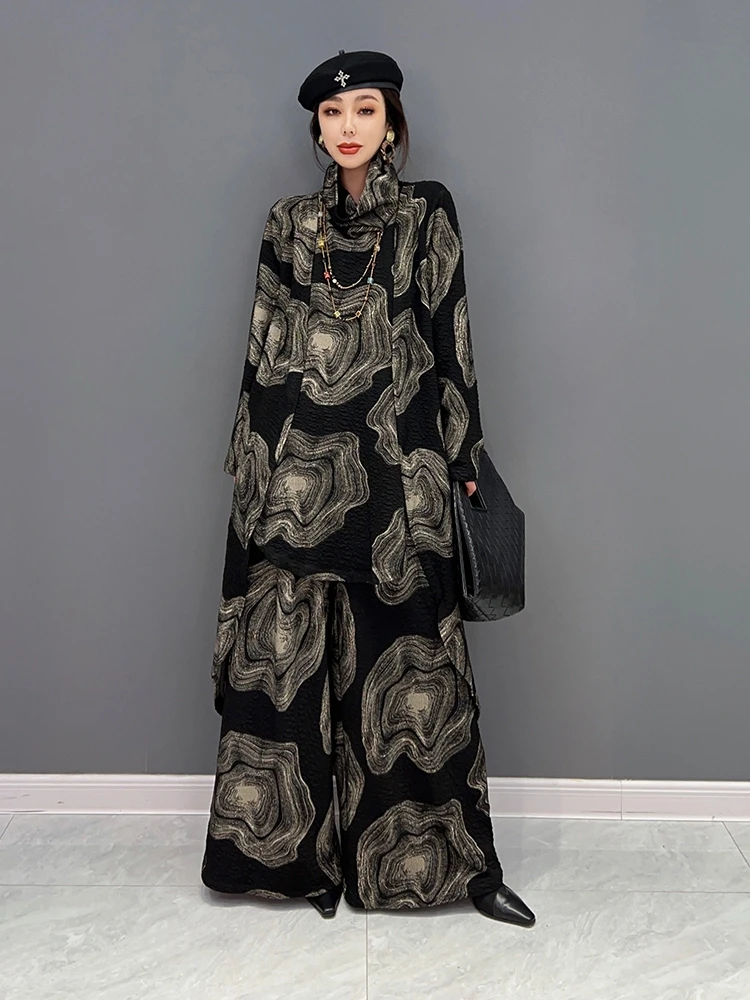 

SuperAen 2022 Winter New Korean Fashion Trend Turtleneck Tshirt Wide Leg Casual Pants Oversize Women Two-piece Set