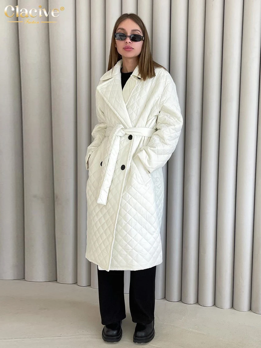 Clacive Winter Beige Coat For Women Fashion Lapel Long Sleeve Office Lady Coats Elegant Lace-Up Warm Jackets Female Clothing