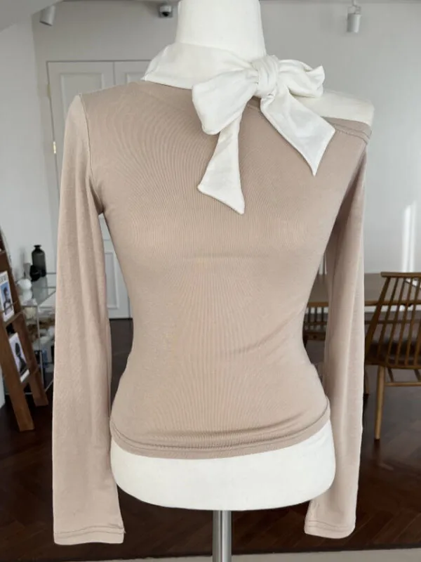 Осень/зима корейская версия бант шнуровка косой воротник пуловер с открытыми