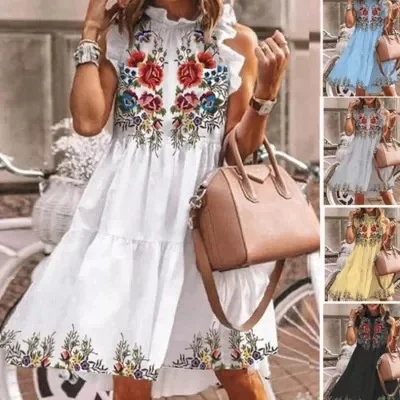 

2022 summer new fashion four elastic printing loose big pendulum cake dress
