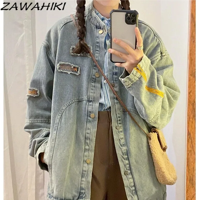 

Новые свободные американские лоскутные модные состаренные джинсовые куртки zawхиты с вышитыми буквами, Женские винтажные повседневные топы на пуговицах