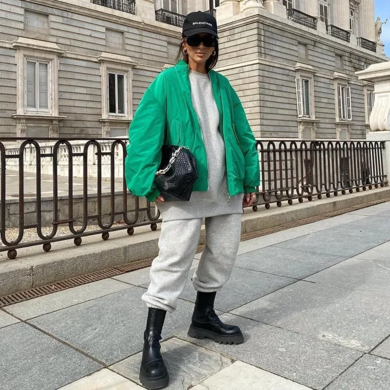 Green Fashion Bomber Jackets For Women 2022 Autumn Winter Pocket Decoration Loose Jacket Oversized Cotton Padded Lady Coats