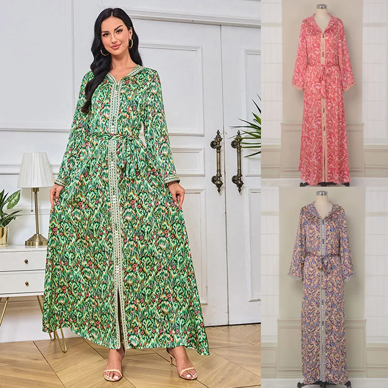 

Abaya Dress for Women Hooded Belted Caftan Marocain Robe Dubai 2023 Loose Abayas Bright Luruxy Floral Print Long Dress Ramadan