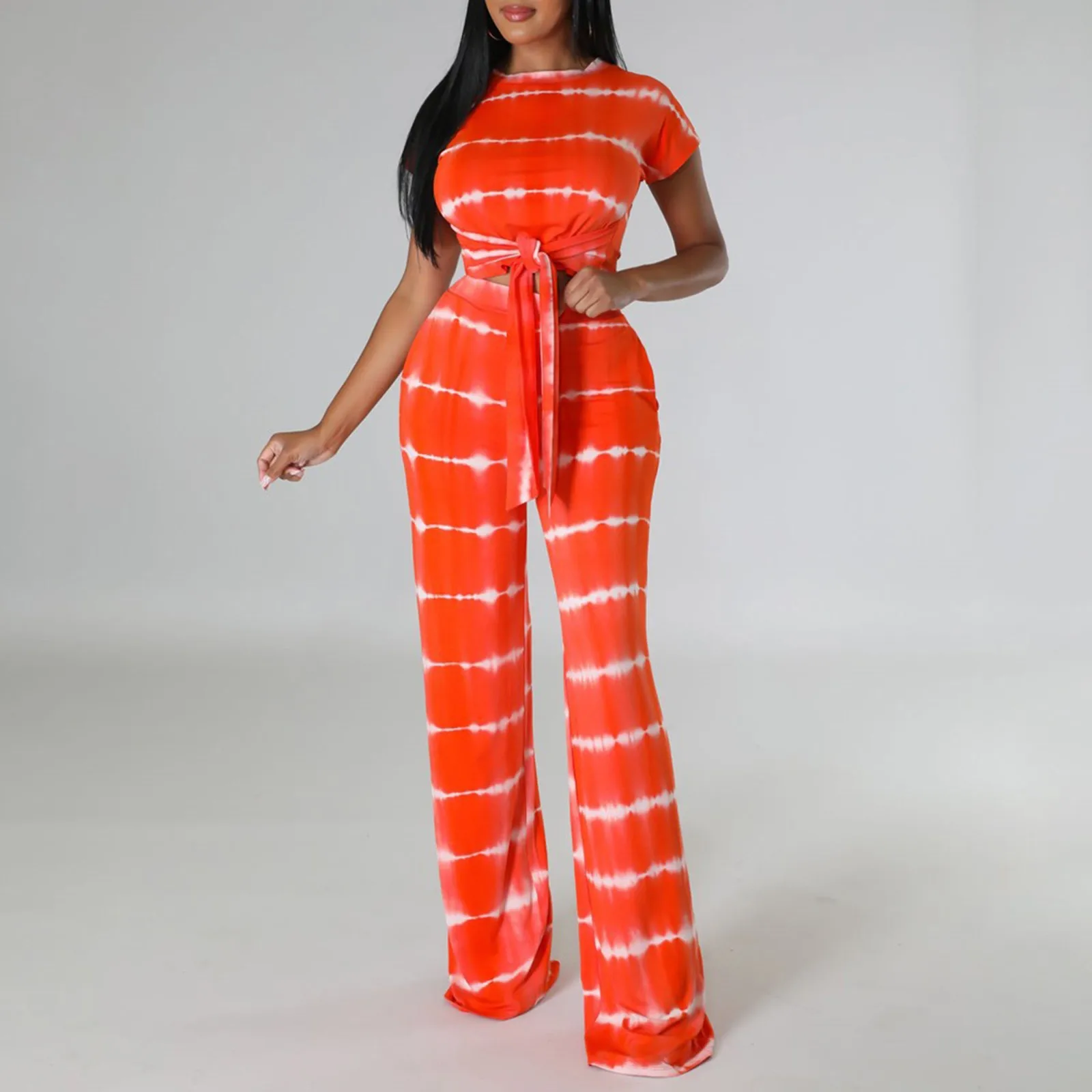 

Women's Fashion Stripe Printed Sets Short Sleeve Lace Up Crop Tops Elastic High Waist Straight Loose Pants Sexy Two Piece Set