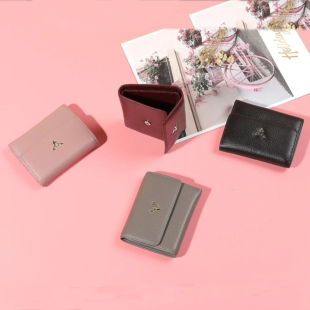 2022 New Fashion Short Leather Wallet Women's Three Fold Head Layer Cowhide Simple Small Wallet Folding Thin Multi Card Position