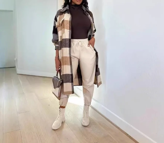 Женское пальто модное однобортное с отложным воротником и клетчатым принтом