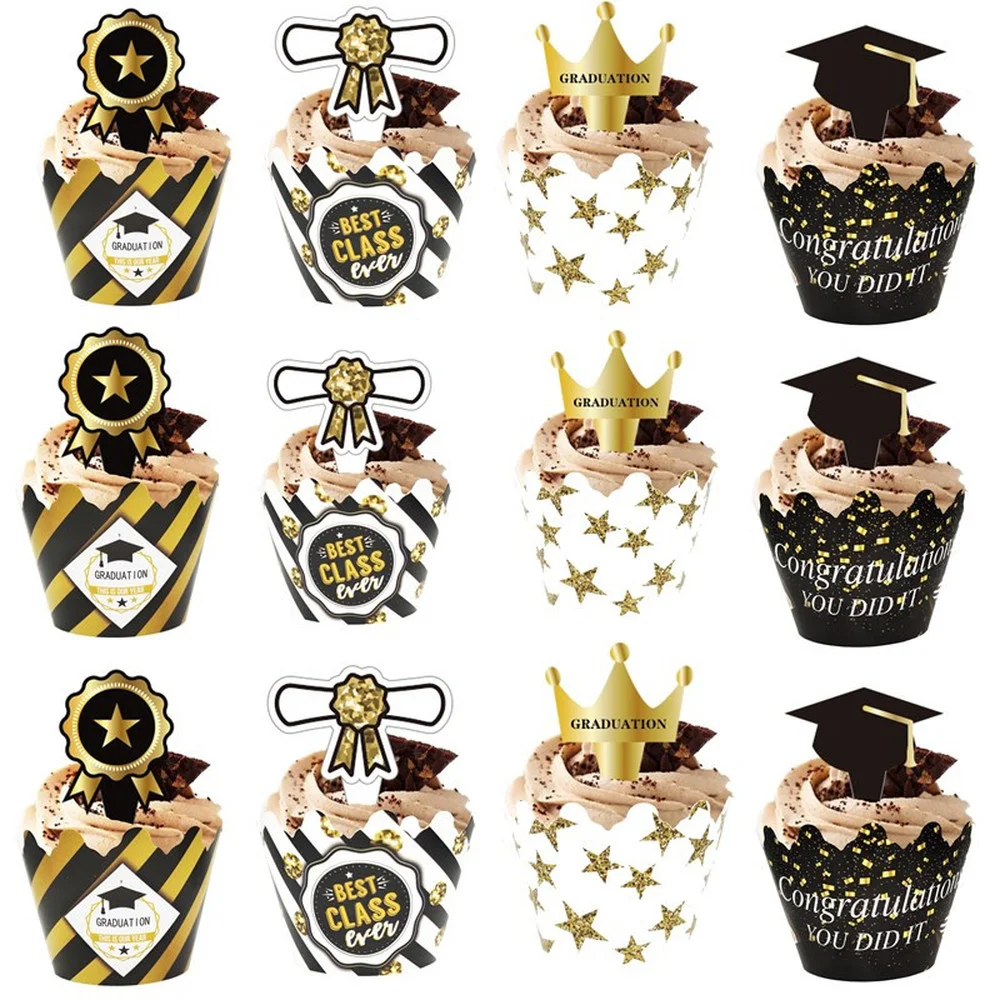 24pcs/set Graduation Party Cupcake Wrappers with Cake Topper