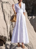 xitao hollow out vintage dress fashion new women white pleated goddess fan casual style 2021 summer minority dress wmd0175