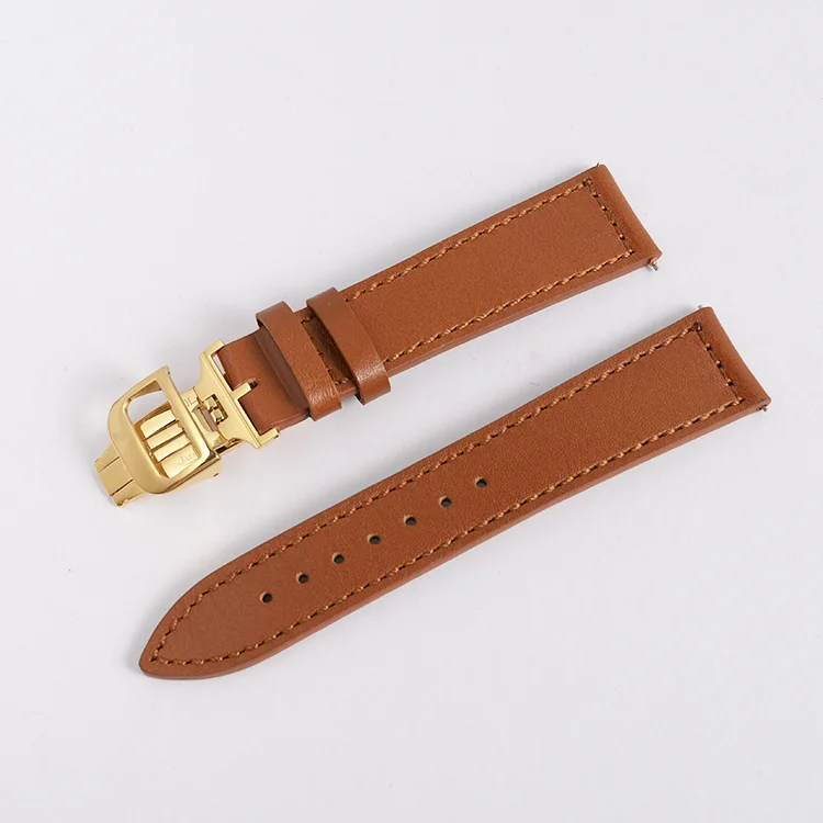 Brown Genuine Leather Watch Strap Butterfly Clasp Replacement Watch Wrist Band 21mm